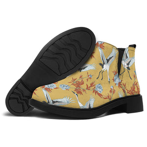 White Japanese Cranes Pattern Print Flat Ankle Boots