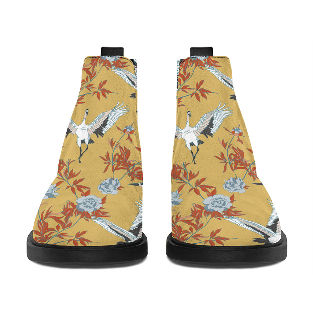 White Japanese Cranes Pattern Print Flat Ankle Boots