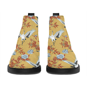 White Japanese Cranes Pattern Print Flat Ankle Boots