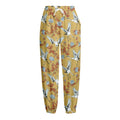 White Japanese Cranes Pattern Print Fleece Lined Knit Pants