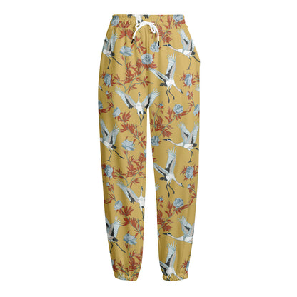 White Japanese Cranes Pattern Print Fleece Lined Knit Pants