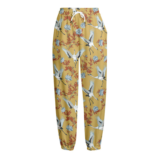 White Japanese Cranes Pattern Print Fleece Lined Knit Pants
