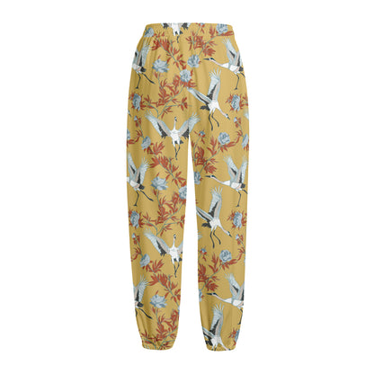 White Japanese Cranes Pattern Print Fleece Lined Knit Pants