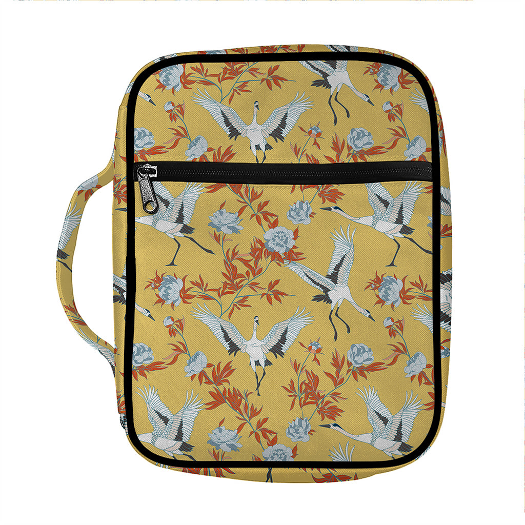 White Japanese Cranes Pattern Print Front Pocket Bible Bag