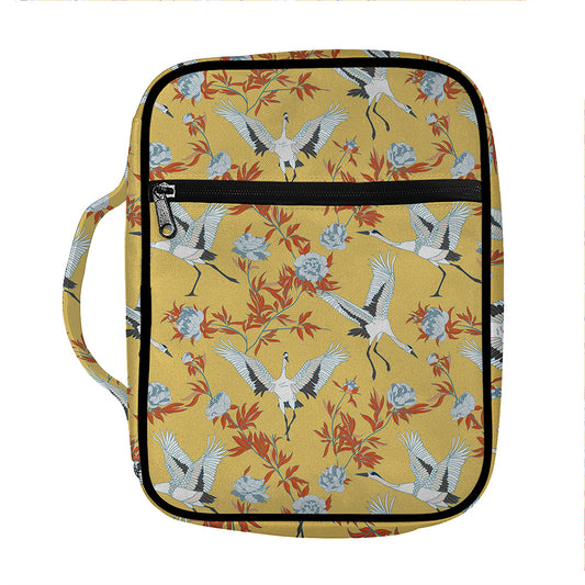 White Japanese Cranes Pattern Print Front Pocket Bible Bag