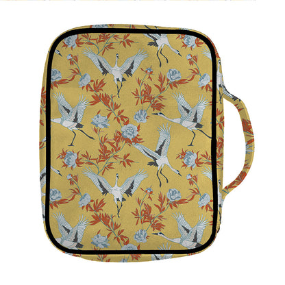 White Japanese Cranes Pattern Print Front Pocket Bible Bag