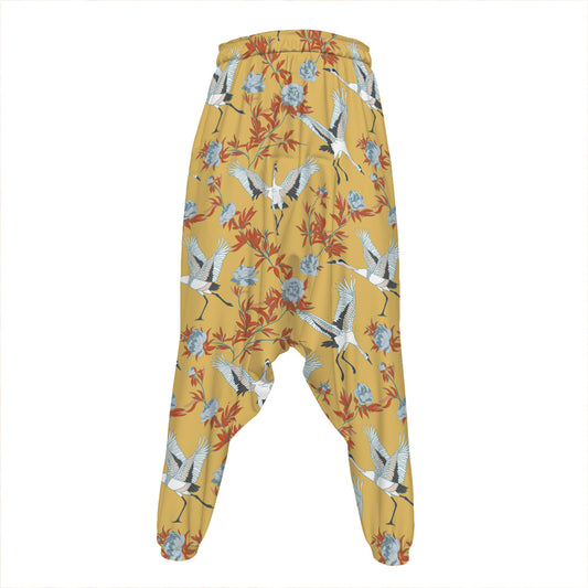 White Japanese Cranes Pattern Print Hammer Pants
