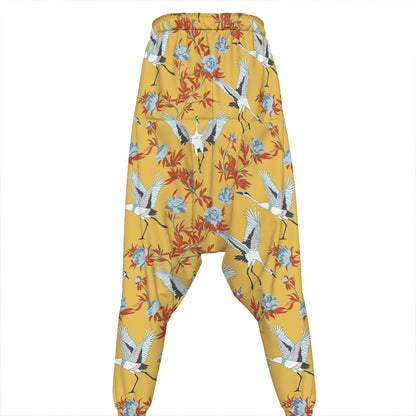 White Japanese Cranes Pattern Print Hammer Pants