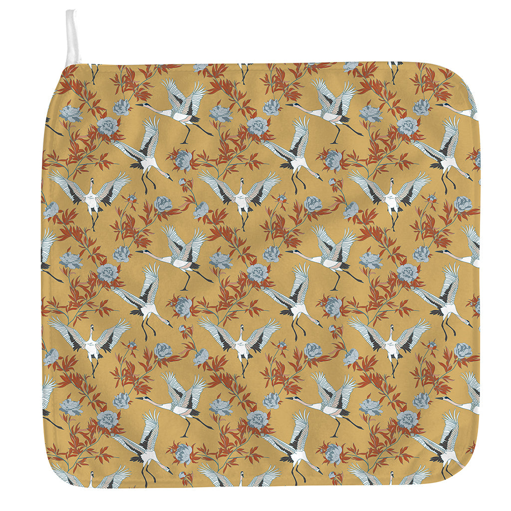 White Japanese Cranes Pattern Print Hand Towel
