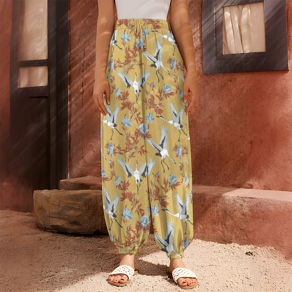 White Japanese Cranes Pattern Print Harem Pants