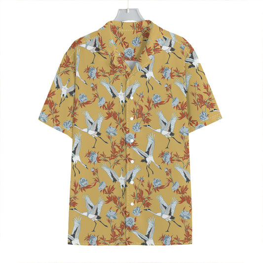 White Japanese Cranes Pattern Print Hawaiian Shirt