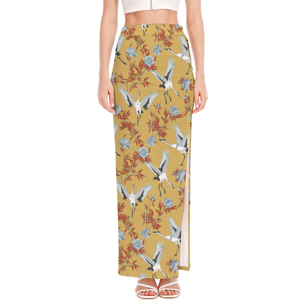 White Japanese Cranes Pattern Print High Slit Maxi Skirt