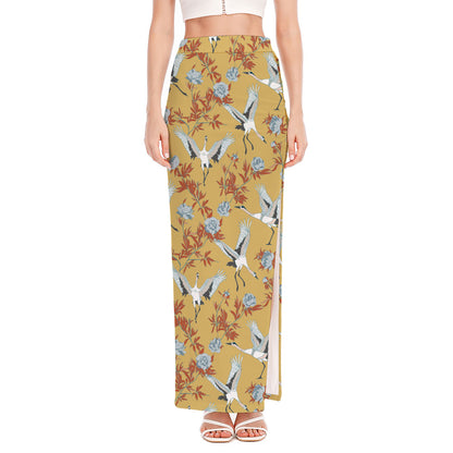 White Japanese Cranes Pattern Print High Slit Maxi Skirt
