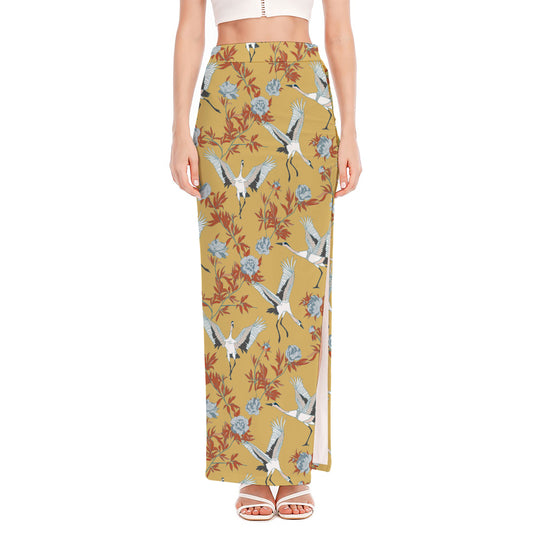 White Japanese Cranes Pattern Print High Slit Maxi Skirt