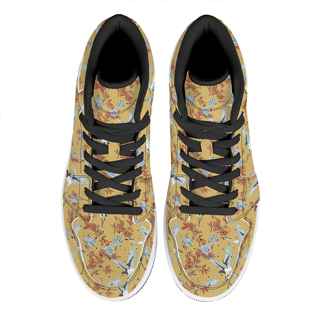 White Japanese Cranes Pattern Print High Top Leather Sneakers