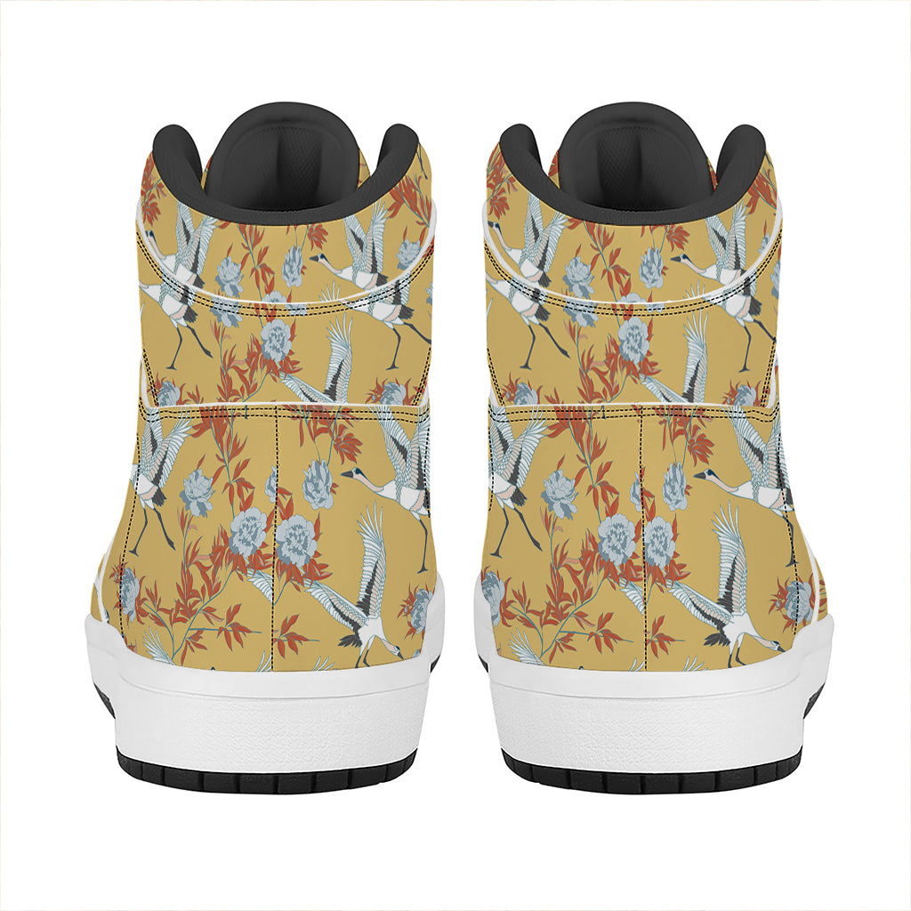 White Japanese Cranes Pattern Print High Top Leather Sneakers
