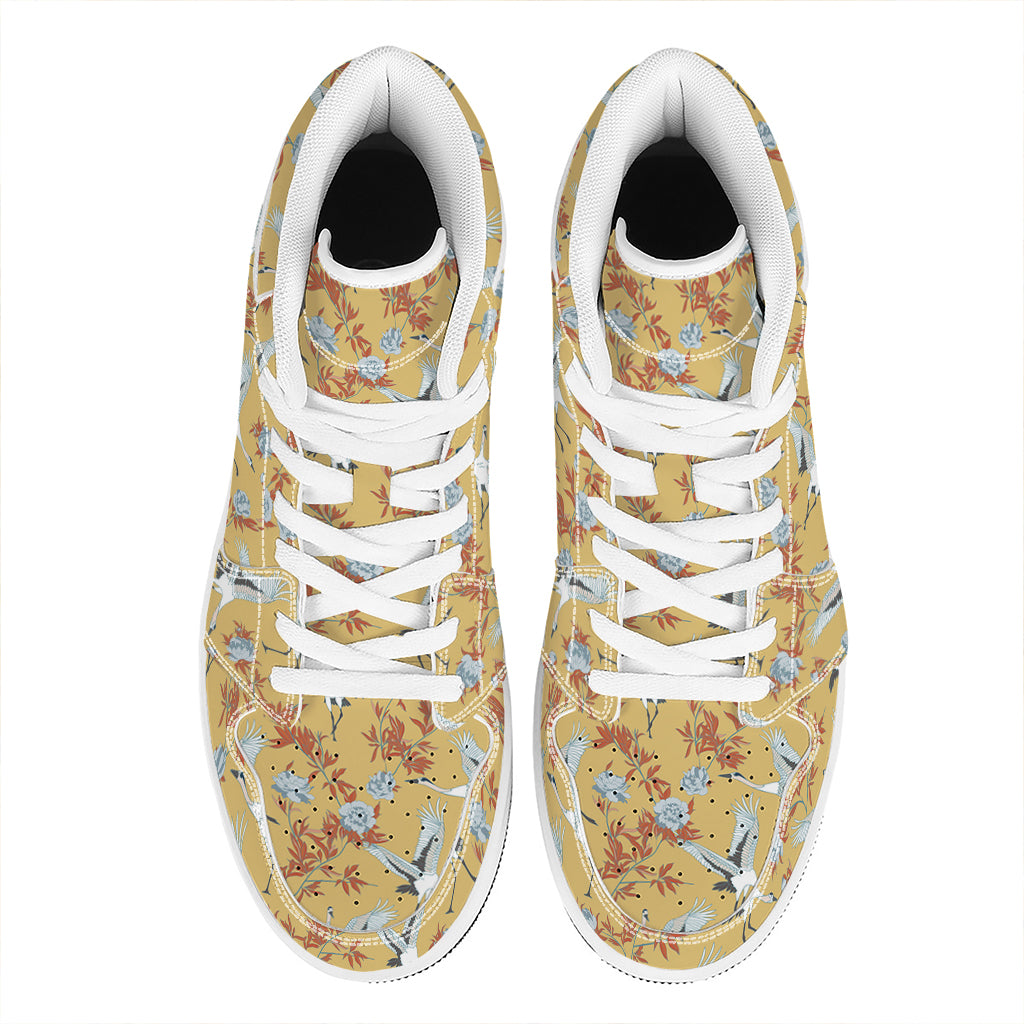 White Japanese Cranes Pattern Print High Top Leather Sneakers