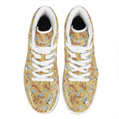 White Japanese Cranes Pattern Print High Top Leather Sneakers