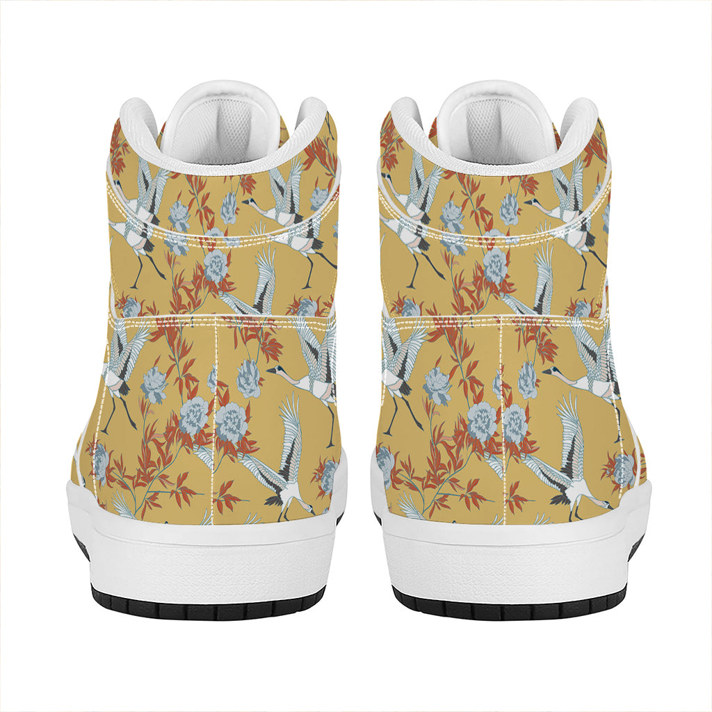 White Japanese Cranes Pattern Print High Top Leather Sneakers