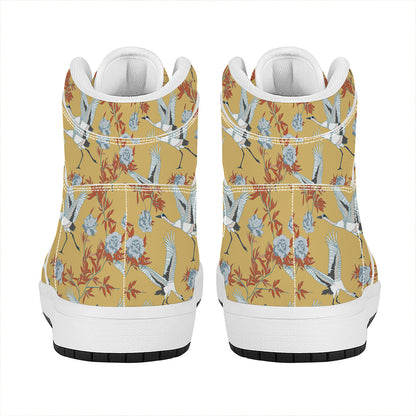 White Japanese Cranes Pattern Print High Top Leather Sneakers