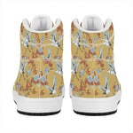 White Japanese Cranes Pattern Print High Top Leather Sneakers