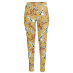 White Japanese Cranes Pattern Print High-Waisted Pocket Leggings