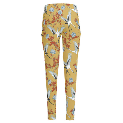 White Japanese Cranes Pattern Print High-Waisted Pocket Leggings