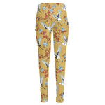 White Japanese Cranes Pattern Print High-Waisted Pocket Leggings