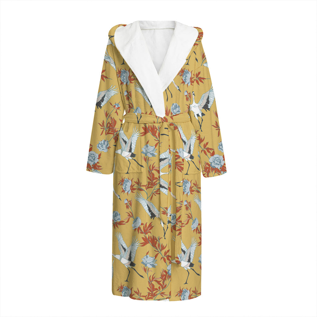 White Japanese Cranes Pattern Print Hooded Bathrobe
