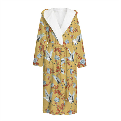 White Japanese Cranes Pattern Print Hooded Bathrobe