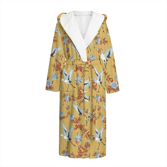 White Japanese Cranes Pattern Print Hooded Bathrobe