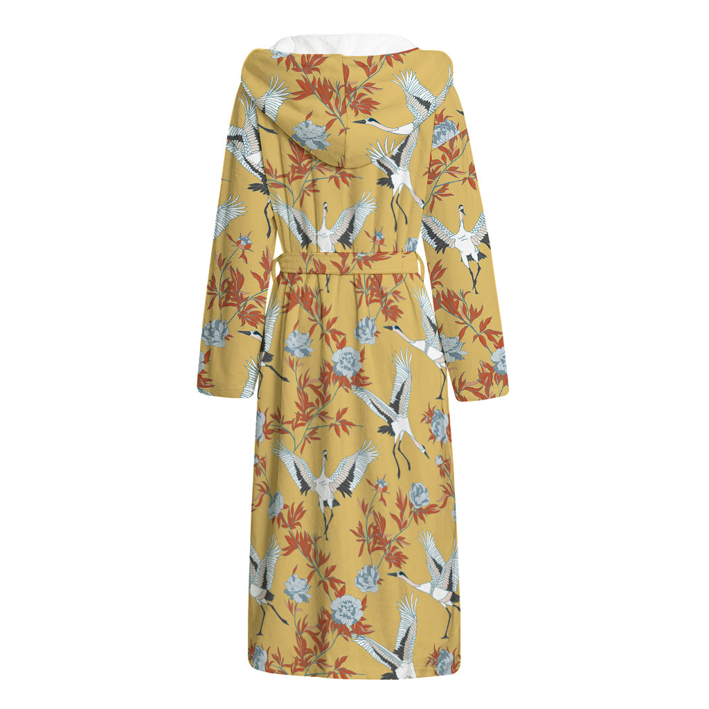 White Japanese Cranes Pattern Print Hooded Bathrobe