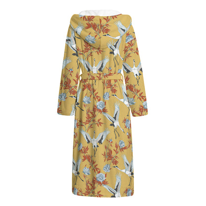 White Japanese Cranes Pattern Print Hooded Bathrobe