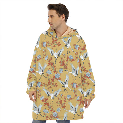 White Japanese Cranes Pattern Print Hoodie Blanket