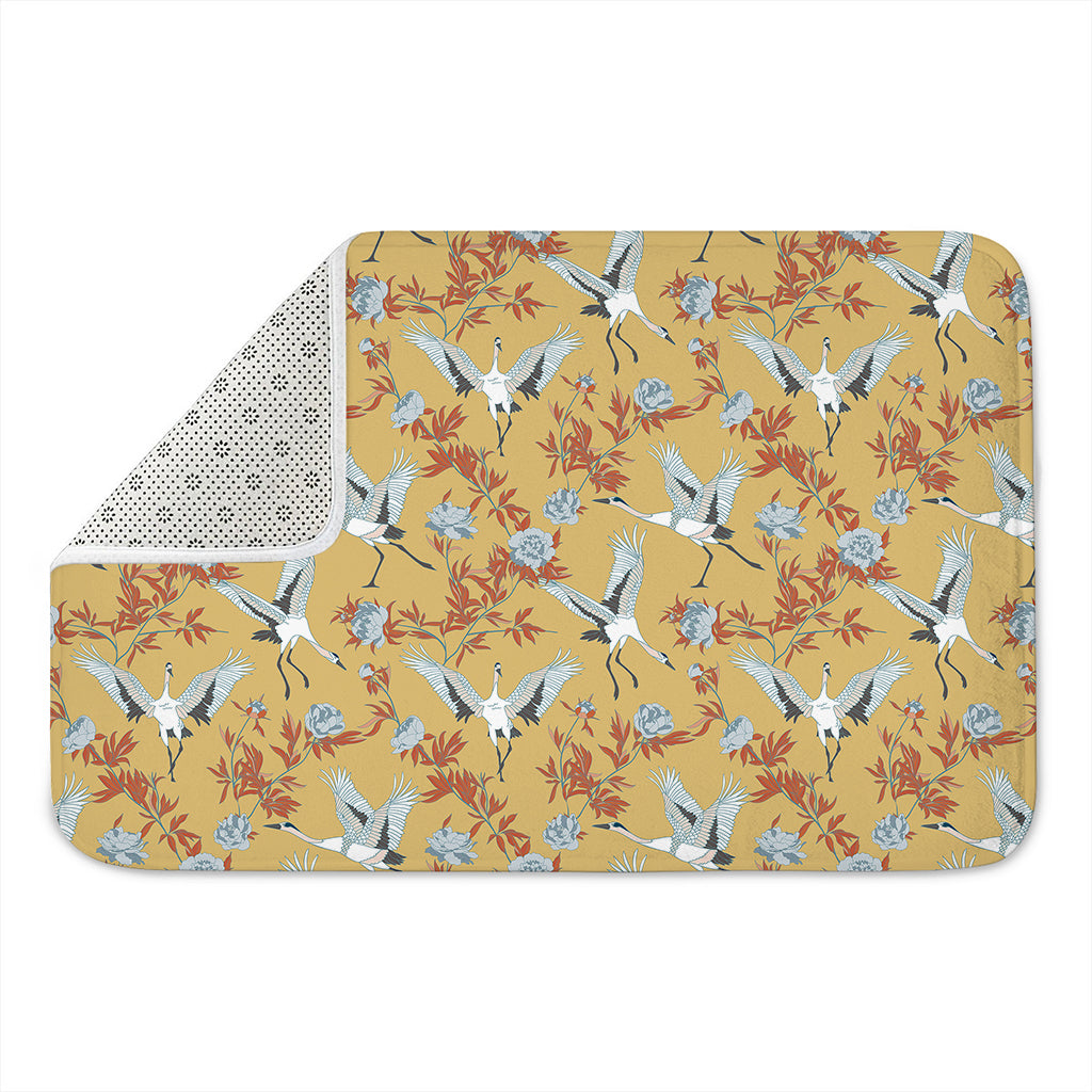 White Japanese Cranes Pattern Print Indoor Door Mat