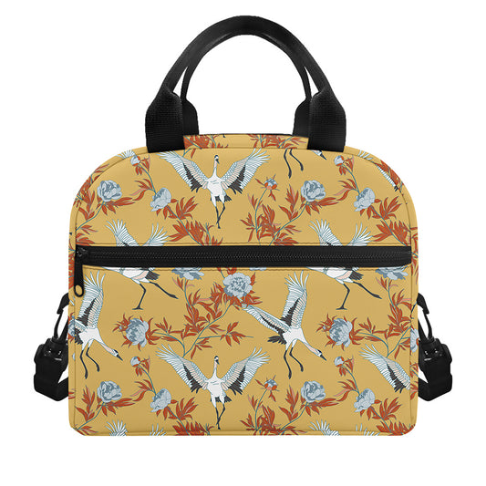 White Japanese Cranes Pattern Print Insulated Lunch Bag