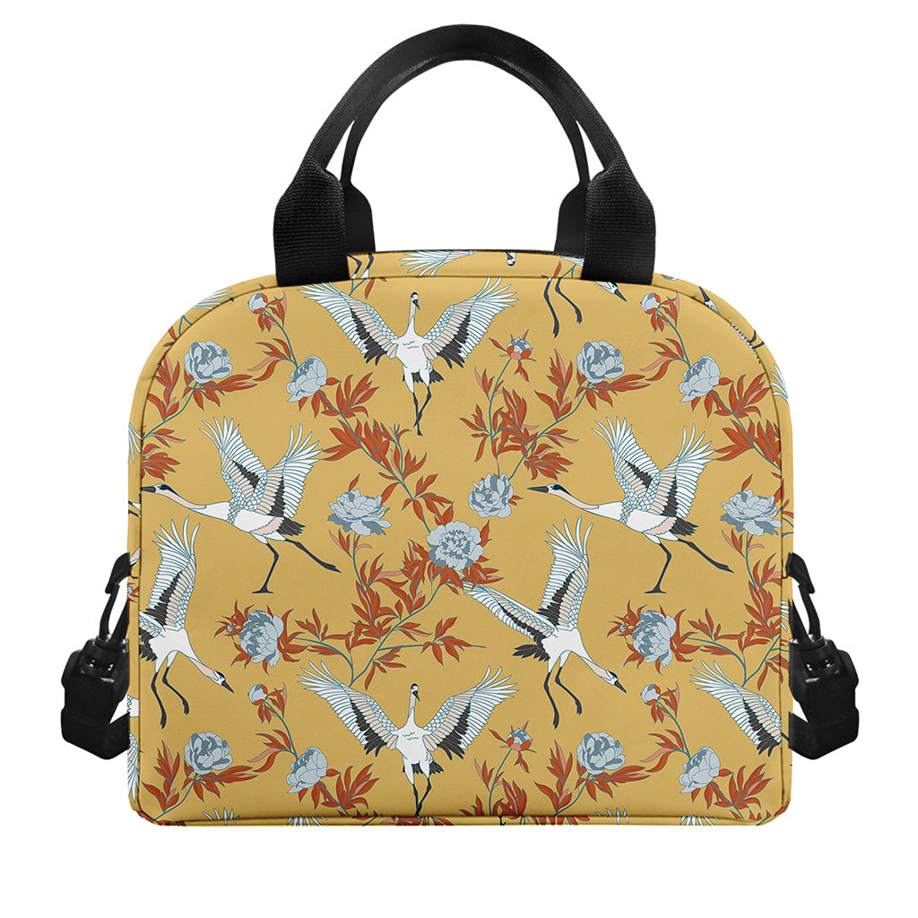 White Japanese Cranes Pattern Print Insulated Lunch Bag