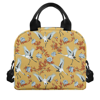 White Japanese Cranes Pattern Print Insulated Lunch Bag