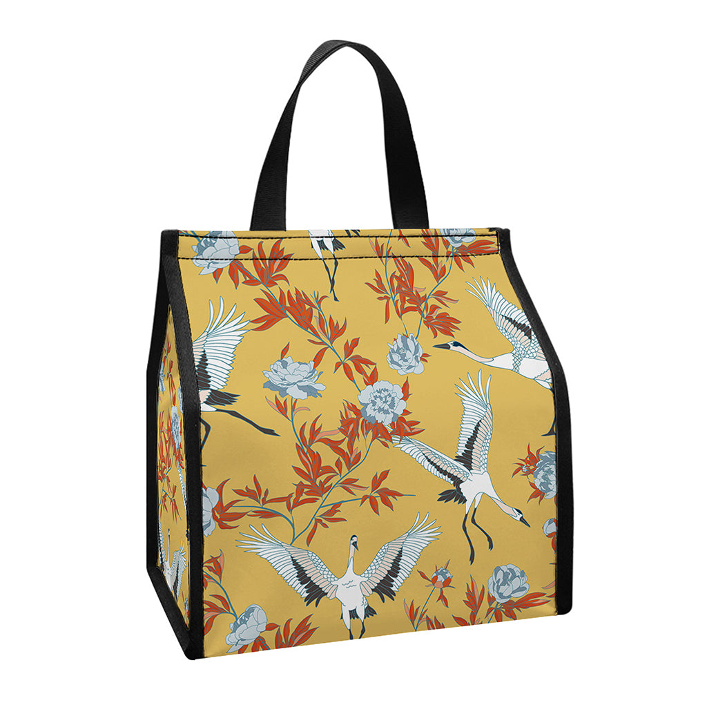 White Japanese Cranes Pattern Print Insulated Lunch Tote