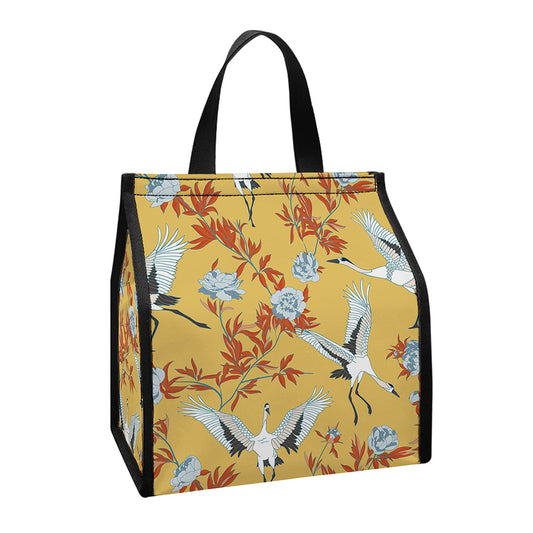 White Japanese Cranes Pattern Print Insulated Lunch Tote