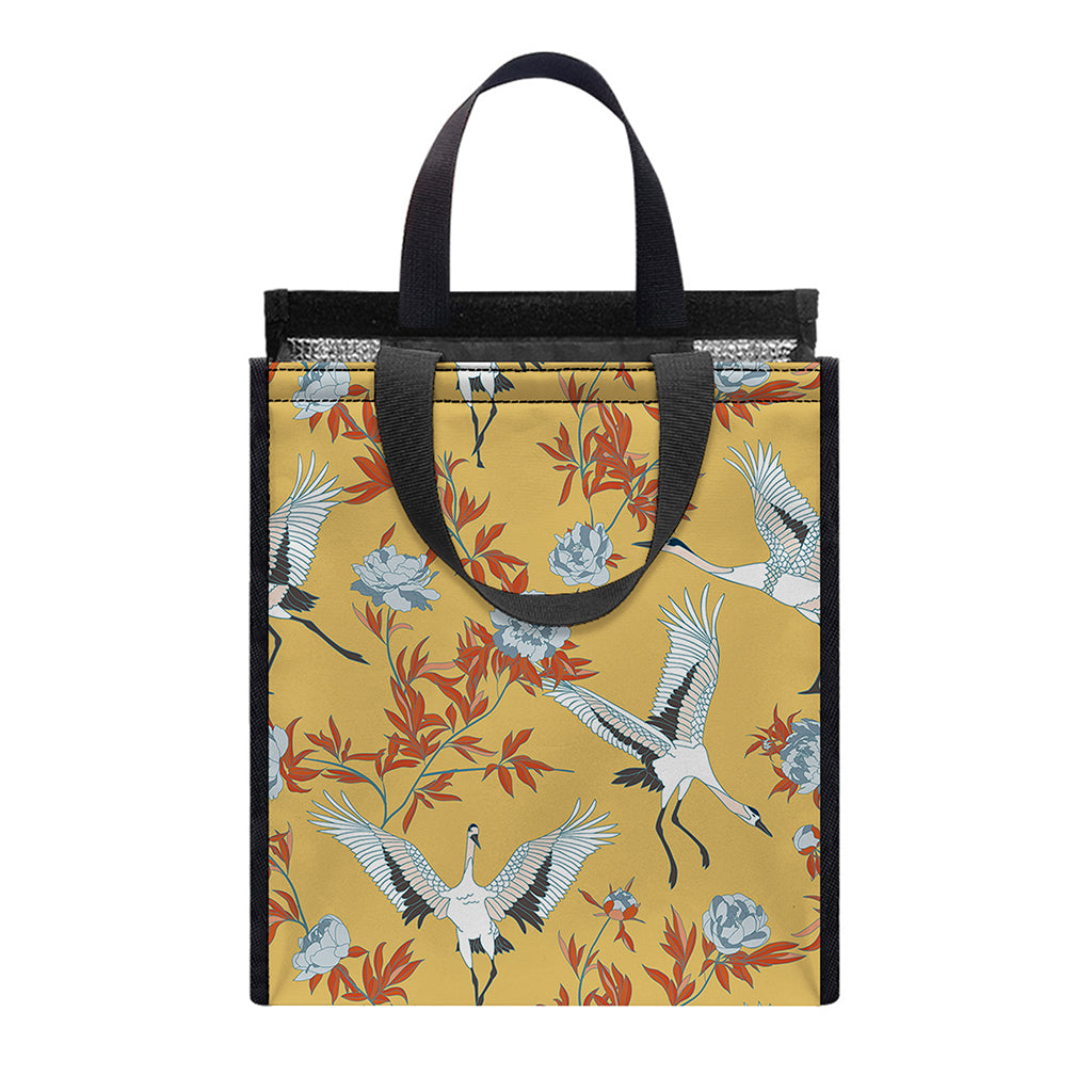 White Japanese Cranes Pattern Print Insulated Lunch Tote