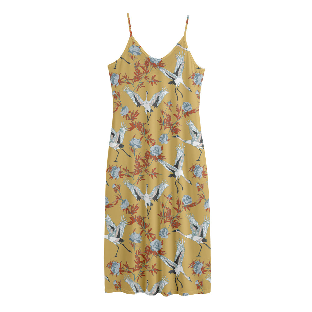 White Japanese Cranes Pattern Print Jersey Midi Cami Dress