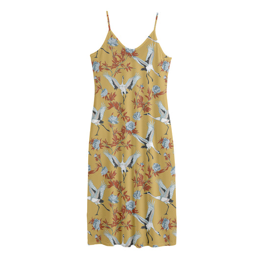 White Japanese Cranes Pattern Print Jersey Midi Cami Dress