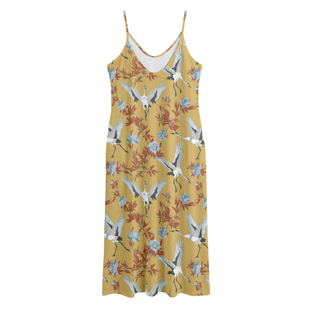 White Japanese Cranes Pattern Print Jersey Midi Cami Dress