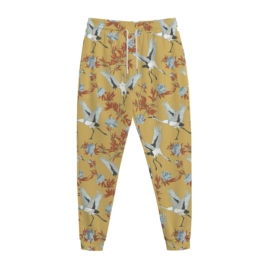 White Japanese Cranes Pattern Print Jogger Pants