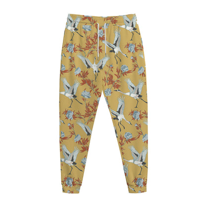 White Japanese Cranes Pattern Print Jogger Pants