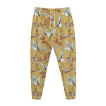 White Japanese Cranes Pattern Print Jogger Pants