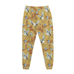 White Japanese Cranes Pattern Print Jogger Pants