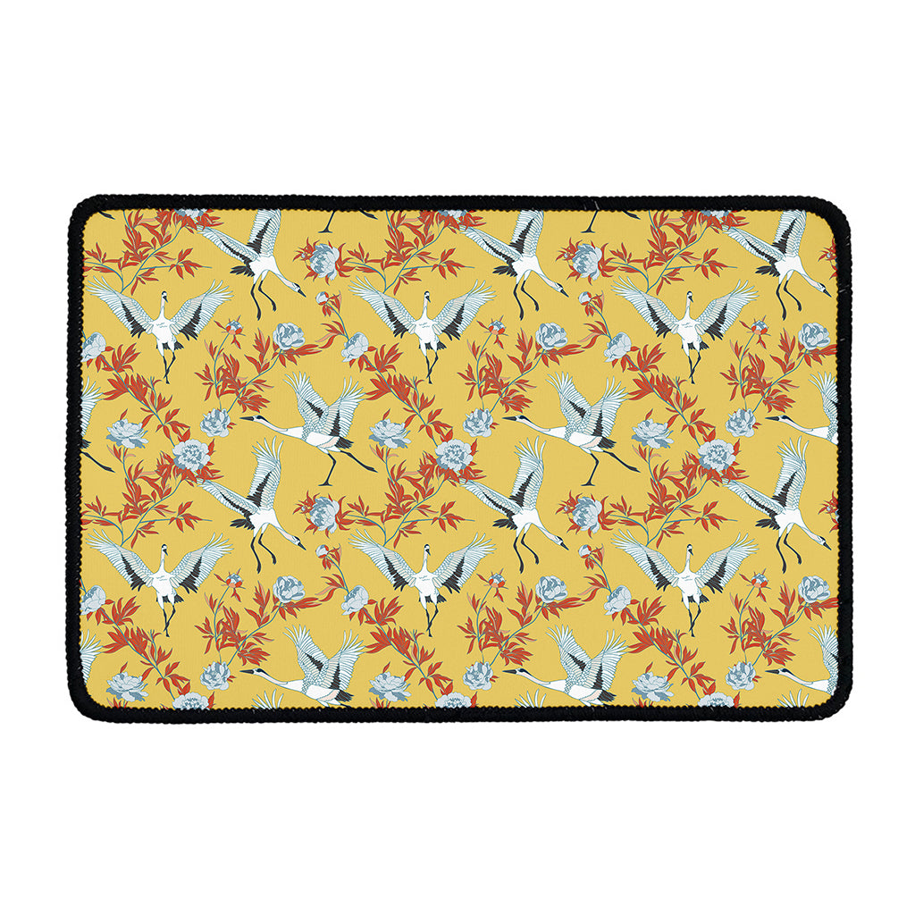White Japanese Cranes Pattern Print Kitchen Mat