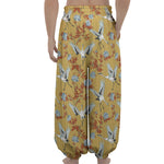 White Japanese Cranes Pattern Print Lantern Pants